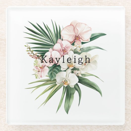 Tropical Pink Orchid Flowers ガラスコースター (正面)