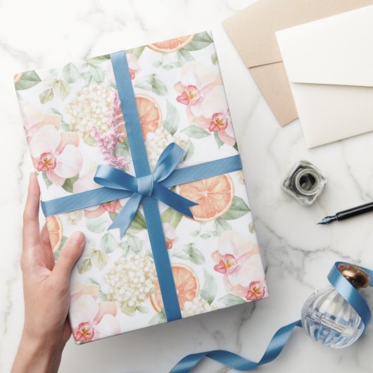 Tropical Pink Orchids Peach Grapefruit Birthday ラッピングペーパー (ギフト)