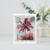 Tropical Pink Palm Postage Stamp Vintage Beach T‑S ポストカード (スタンド正面)