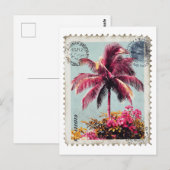 Tropical Pink Palm Postage Stamp Vintage Beach T‑S ポストカード (正面/裏面)