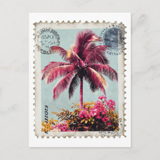 Tropical Pink Palm Postage Stamp Vintage Beach T‑S ポストカード