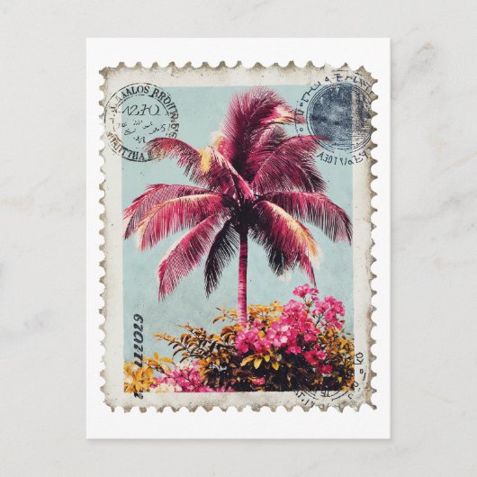 Tropical Pink Palm Postage Stamp Vintage Beach T‑S ポストカード (正面)