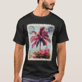 Tropical Pink Palm Postage Stamp Vintage Beach T‑S Tシャツ