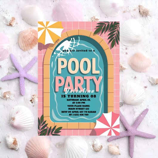 Tropical Pink Palm Springs Pool Party Birthday 招待状
