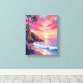 Tropical Pink Sunset Ocean Watercolor キャンバスプリント (インサイチュ (ウッドフロア))