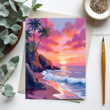 Tropical Pink Sunset Ocean Watercolor