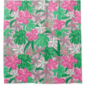 Tropical Pink White Flowers Palm Leaves Preppy シャワーカーテン (正面)