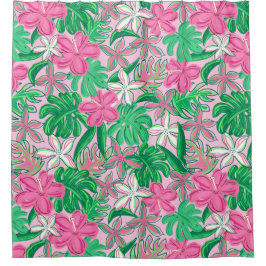 Tropical Pink White Flowers Palm Leaves Preppy シャワーカーテン