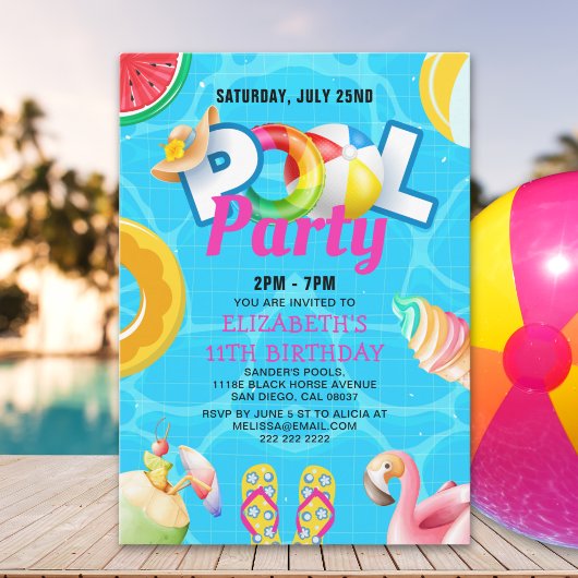 Tropical Pool Bash for Girl – Summer Birthday Girl 招待状