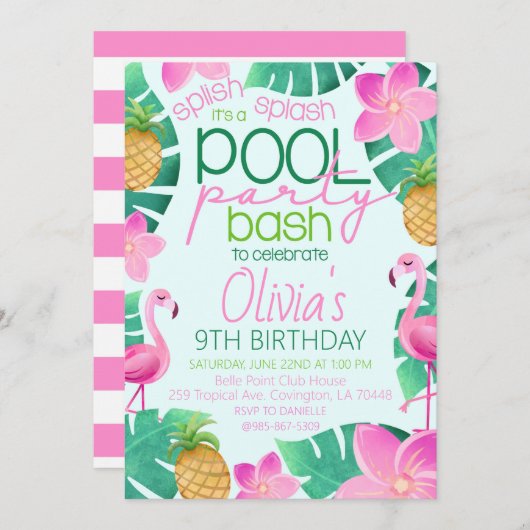 Tropical Pool Party Birthday Party Invitation 招待状 (正面/裏面)