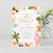 Tropical Pool Party Pink Flamingo Quinceañera  招待状 (スタンド正面)