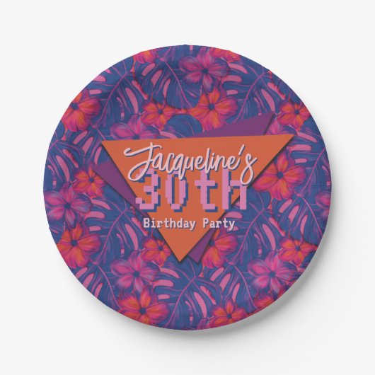Tropical Purple Floral Birthday ペーパープレート (正面)