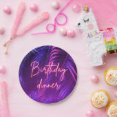 Tropical Purple Palm Leaf Birthday Dinner ペーパープレート (パーティー)