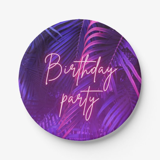Tropical Purple Palm Leaf Birthday Party ペーパープレート (正面)