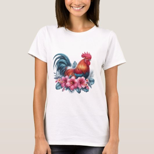 Tropical Rooster & Hibiscus Vibrant Farm Animal Tシャツ (正面)