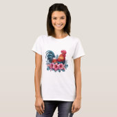 Tropical Rooster & Hibiscus Vibrant Farm Animal Tシャツ (正面フル)
