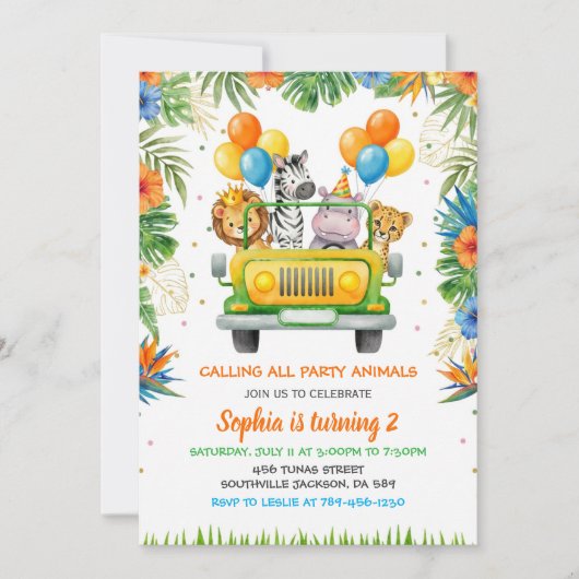 Tropical Safari Wild One Jungle Animals Birthday 招待状 (正面)