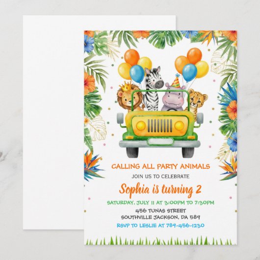Tropical Safari Wild One Jungle Animals Birthday 招待状 (正面/裏面)