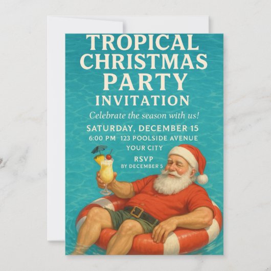Tropical Santa Pool Christmas Party Invite 招待状 (正面)