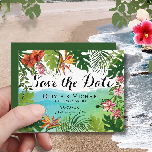 Tropical Save the Date Card Watercolor Hibiscus  セーブザデート