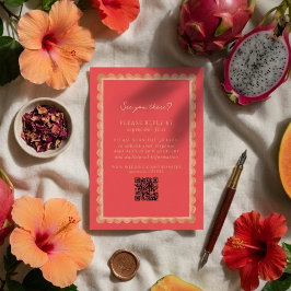 Tropical Scallop Border Pink QR Wedding 出欠カード