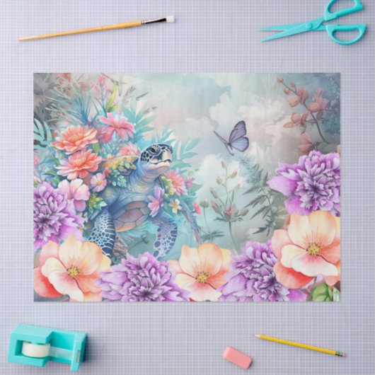 Tropical Sea Turtle & Watercolor Florals 薄葉紙 (クラフト)