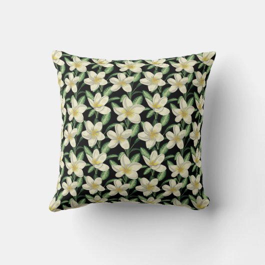 Tropical seamless pattern white flowers green leaf クッション (裏面)