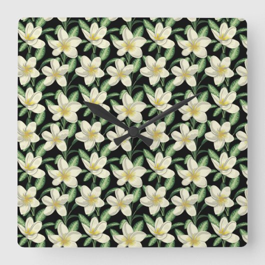 Tropical seamless pattern white flowers green leaf スクエア壁時計 (正面)