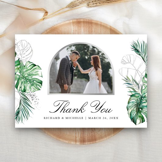 Tropical Silver Palm Arch Photo Wedding サンキューカード