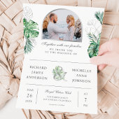 Tropical Silver Palm Photo QR Code Wedding 招待状