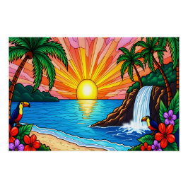 Tropical Stained Glass Sunset Poster ポスター