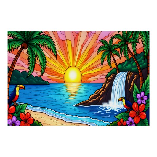 Tropical Stained Glass Sunset Poster ポスター (正面)