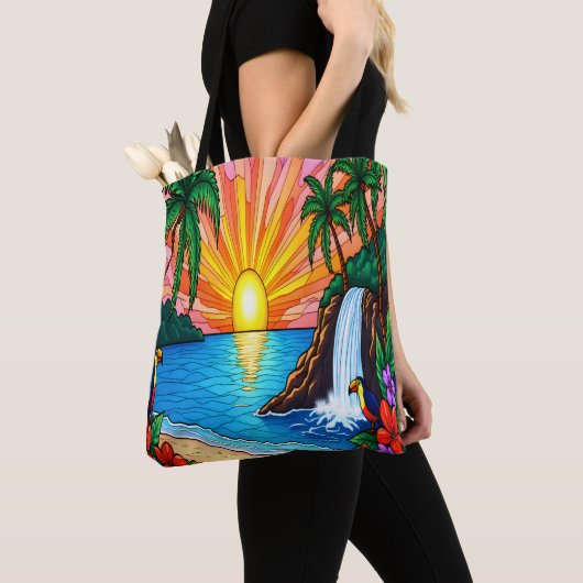 Tropical Stained Glass Sunset Tote Bag  トートバッグ (クローズアップ)