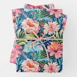 Tropical Summer Flowers Botanical Floral Pattern ラッピングペーパーシート