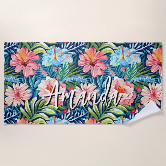 Tropical Summer Flowers Pattern Pretty Floral ビーチタオル (正面)