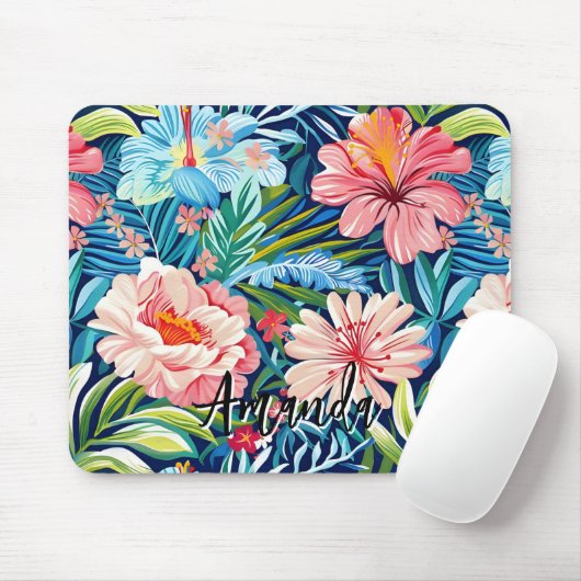 Tropical Summer Flowers Pattern Pretty Floral マウスパッド (マウス)