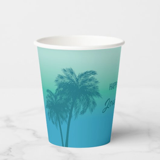 Tropical Summer Palm Trees Aqua Blue Sky Birthday 紙コップ (正面)