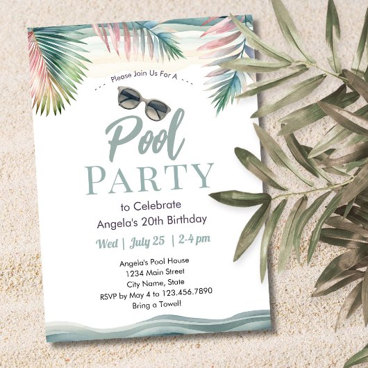 Tropical Summer Pool Party Birthday  招待状