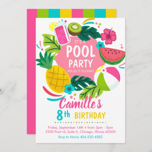 Tropical summer pool party Invitation 招待状 (正面/裏面)