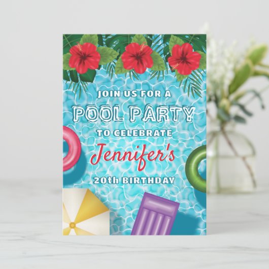 Tropical Summer Swimming Pool Birthday Party 招待状 (スタンド正面)