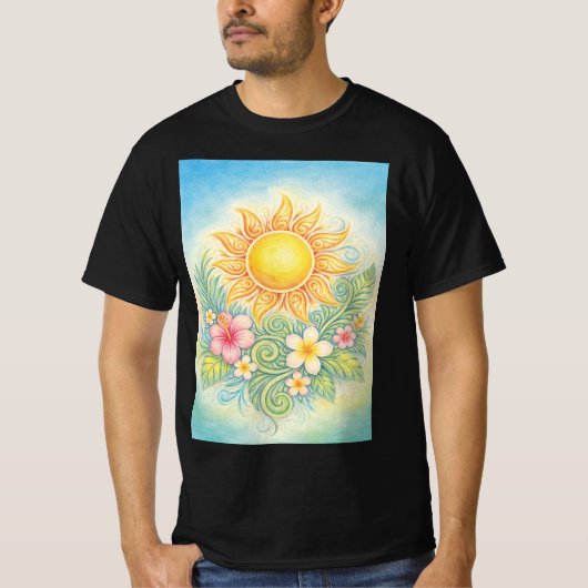Tropical Sun with Pink Hibiscus and Plumeria Tシャツ (正面)