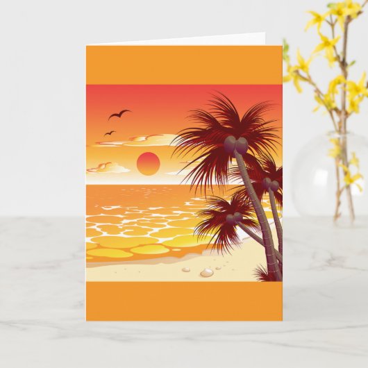 Tropical Sunset Beach Palm Tree Island カード (黄色い花)