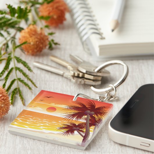 Tropical Sunset Beach Palm Tree Island キーホルダー (正面右)