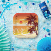 Tropical Sunset Beach Palm Tree Island ペーパープレート (パーティー)