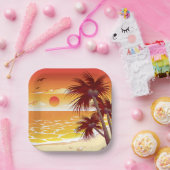 Tropical Sunset Beach Palm Tree Island ペーパープレート (パーティー)