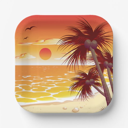 Tropical Sunset Beach Palm Tree Island ペーパープレート (正面)