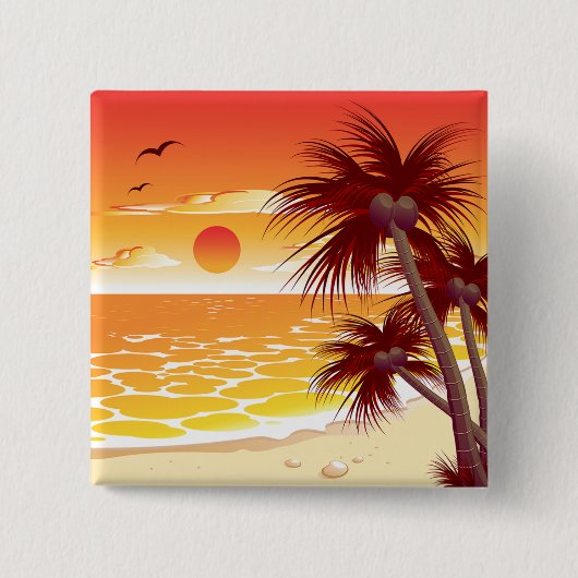 Tropical Sunset Beach Palm Tree Island 缶バッジ (正面)