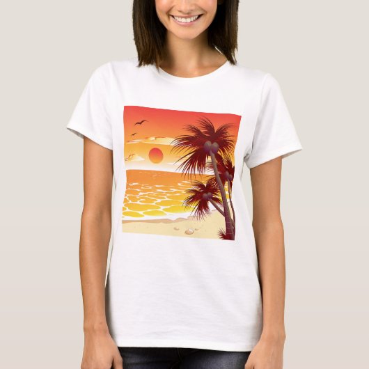 Tropical Sunset Beach Palm Tree Island Tシャツ (正面)