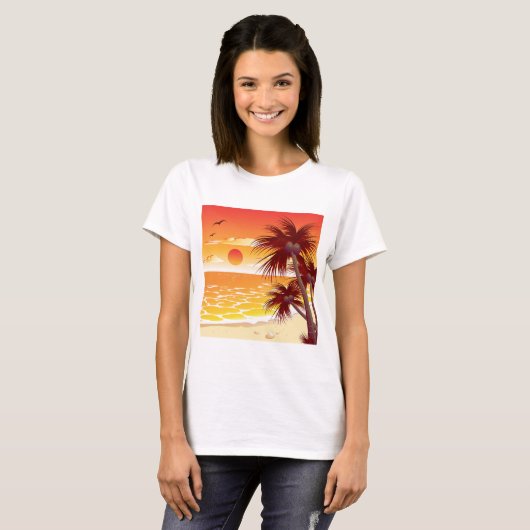Tropical Sunset Beach Palm Tree Island Tシャツ (正面フル)