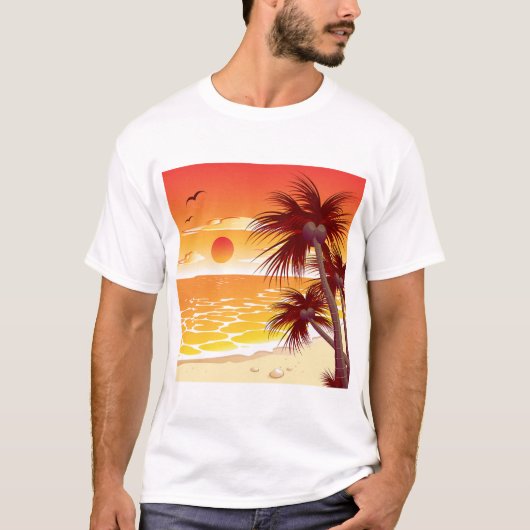 Tropical Sunset Beach Palm Tree Island Tシャツ (正面)